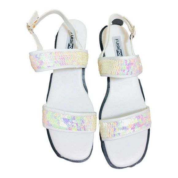 Women's flash point sz 12 "UNCANNY" white sequin square toe chunky sandals - Picture 2 of 8